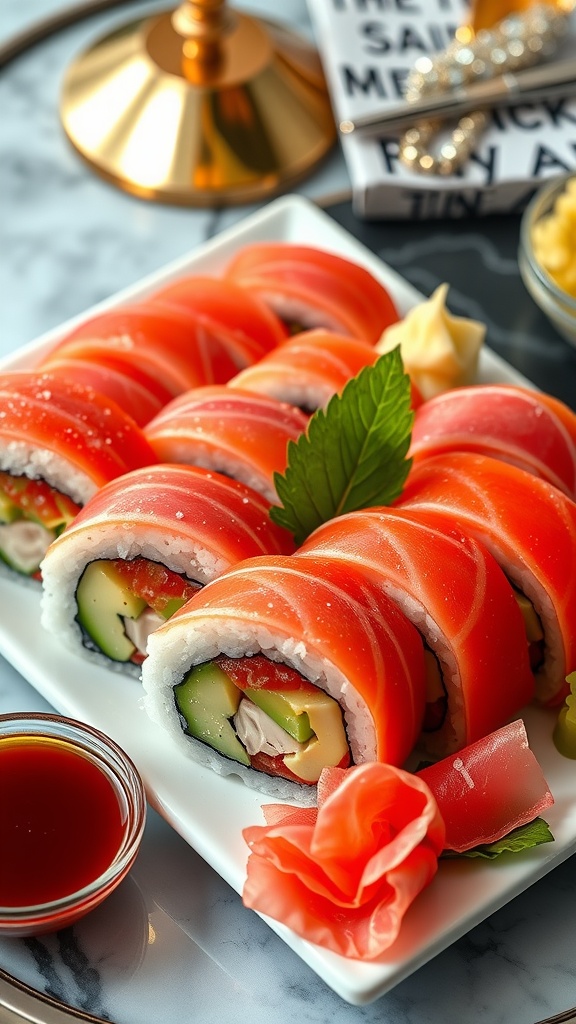 A plate of colorful sushi rolls with tuna, avocado, and cucumber, served with soy sauce and garnishes, in a stylish setting.